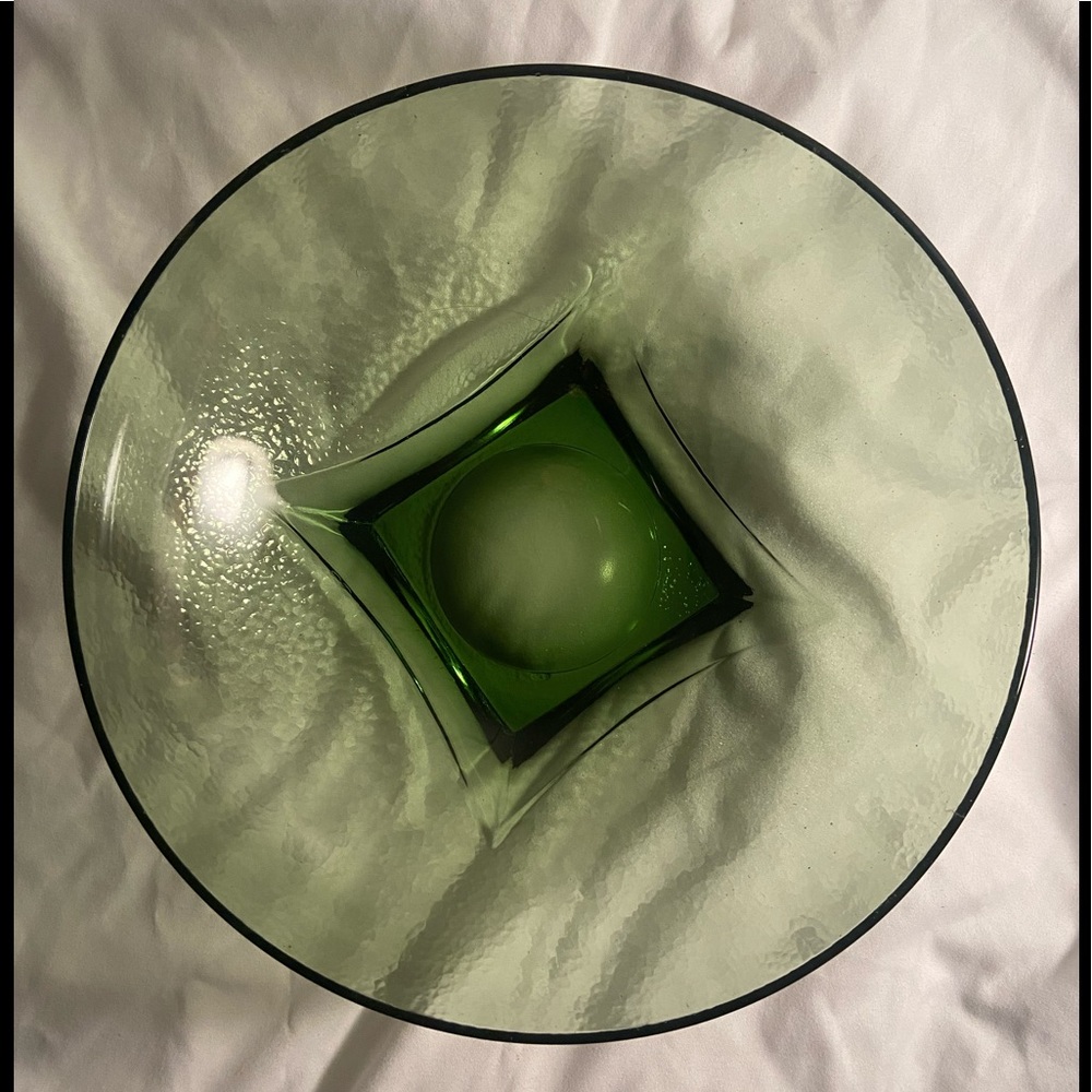 Vintage Green Glass Serving Bowl textured 9” wide